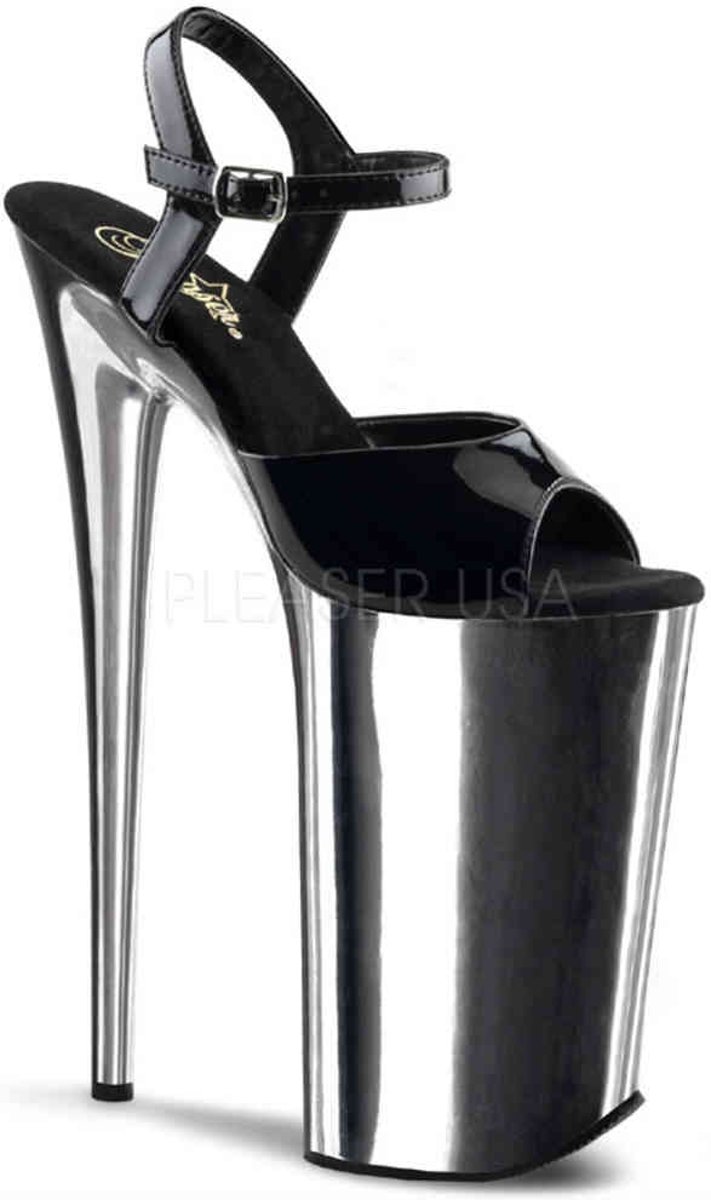 EU 39 = US 9 | BEYOND-009 | 10 Heel, 6 1/4 Silver Chrome PF Ankle Strap Sandal